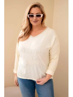Dámská blůza Plus Size s potiskem a perlami žlutý