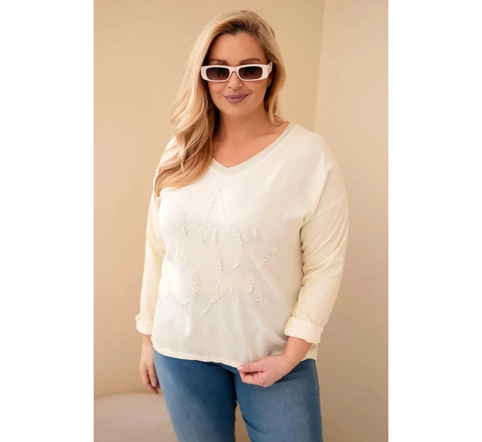 Dámská blůza Plus Size s potiskem a perlami žlutý