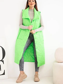 Dámska prešívaná dlhá vesta s vreckami a stojacím golierom neónovo zelená