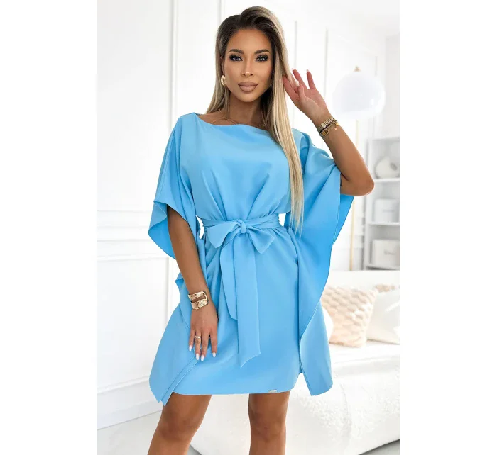 287-26 SOFIA Motýlie šaty so zaväzovaním v páse - MODRÉ