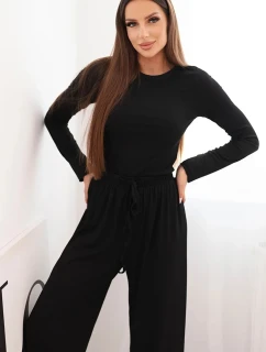 Dámsky viskózový set s blúzkou a širokými nohavicami čierny