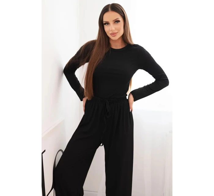Dámský viskózový komplet s model 21731230 a širokými kalhotami černý - K-Fashion Dámský viskózový komplet s model 21731230 a širokými kalhotami černý - K-Fashion