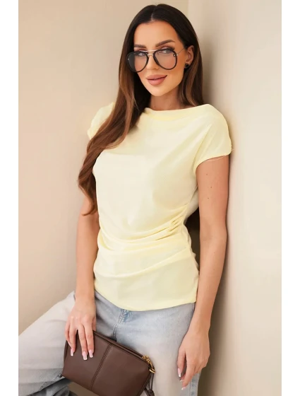 Dámska rebrovaná blúzka z viskózy s vodným výstrihom a riasením žltá