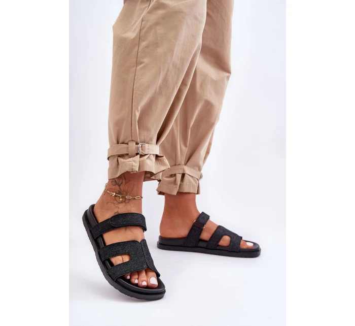 Materiałowe Damskie Klapki Na Rzep Czarne Jose