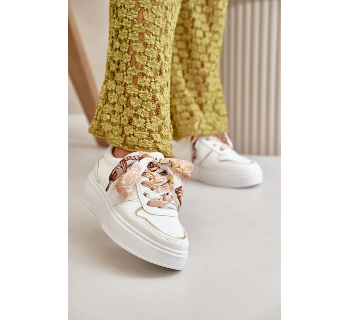 Sneakersy Damskie Na Platformie Z Ozdobnym Sznurowaniem Białe Mistra