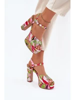 Wzorzyste Sandały Na Słupku I Platformie Różowo-Zielone Slaria Wzorzyste Sandały Na Słupku I Platformie Różowo-Zielone Slaria