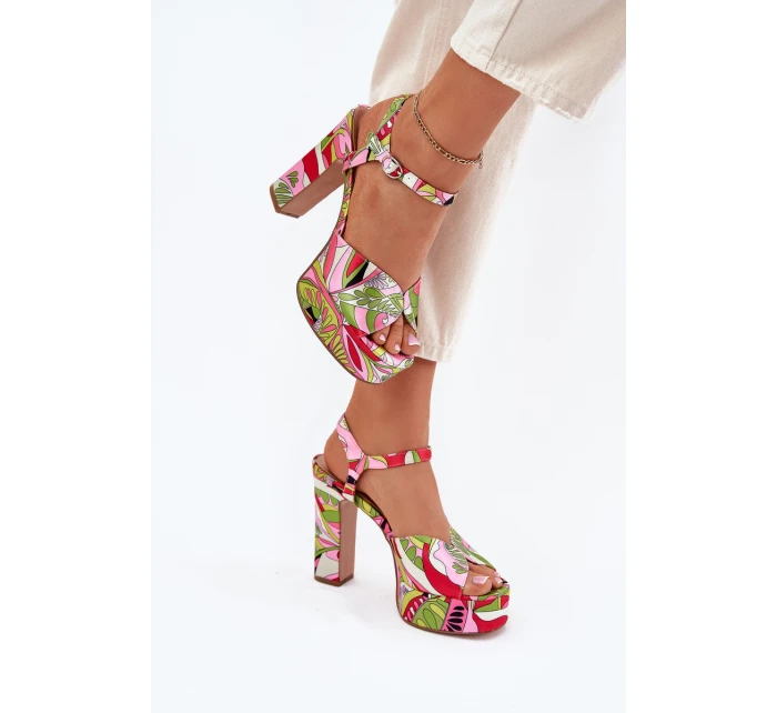 Wzorzyste Sandały Na Słupku I Platformie Różowo-Zielone Slaria Wzorzyste Sandały Na Słupku I Platformie Różowo-Zielone Slaria