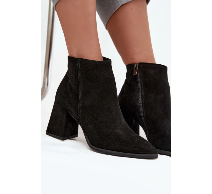 Botki Z Naturalnego Zamszu Obcas Słupek Ocieplane Czarne Zazoo 3128