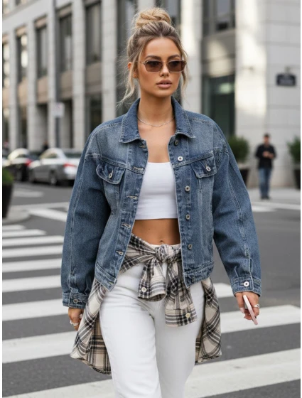 Dámska krátka džínsová bunda klasického strihu modrá FashionStreet TY5632