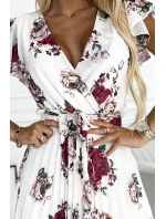 434-8 LISA Plisované midi šaty s výstrihom a volánmi - ecru + bordové kvety