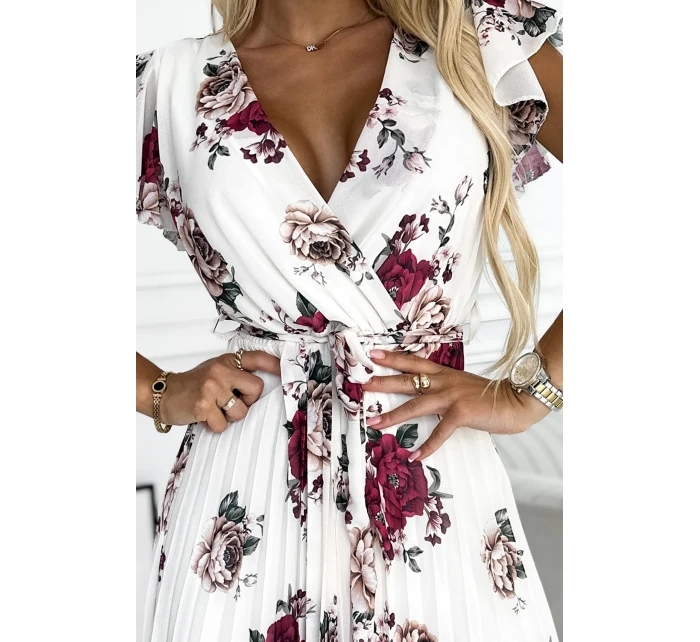 434-8 LISA Plisované midi šaty s výstrihom a volánmi - ecru + bordové kvety