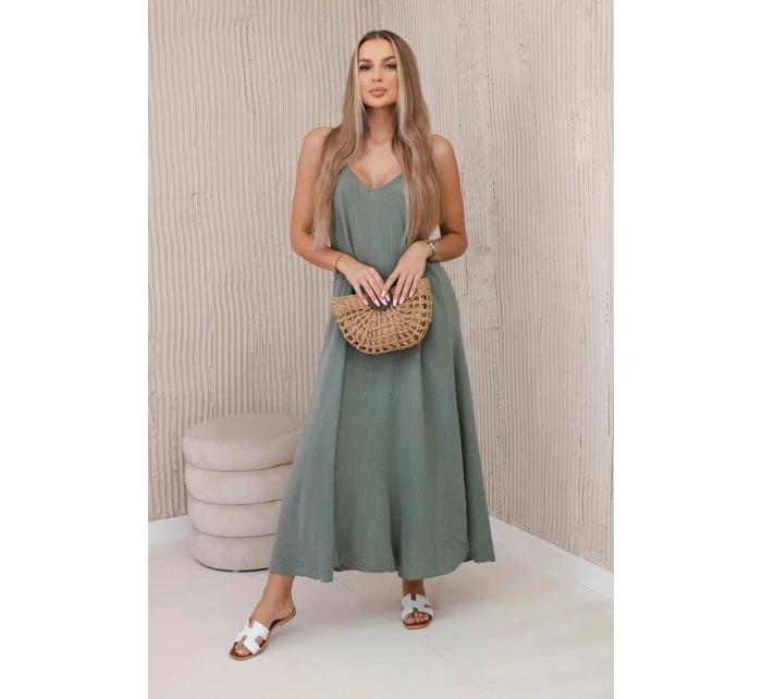 Mušelínové khaki šaty bez ramienok