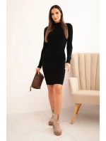 Dámske viskózové pruhované šaty s dlhými rukávmi a stojacím golierom čierne