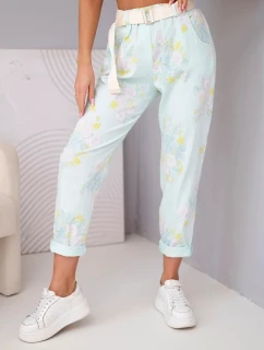 Dámske viskózové kvetinové nohavice s opaskom mätovej farby