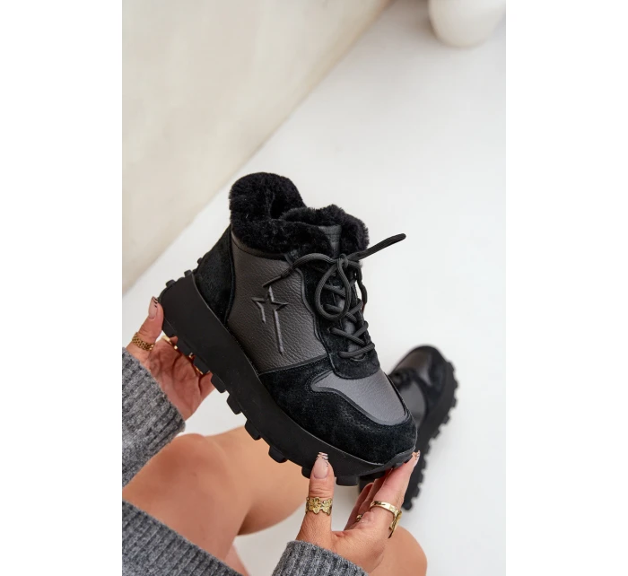 Skórzane Sneakersy Trapery Damskie Z Futerkiem Na Platformie Big Star OO274A329 Czarne Skórzane Sneakersy Trapery Damskie Z Futerkiem Na Platformie Big Star OO274A329 Czarne