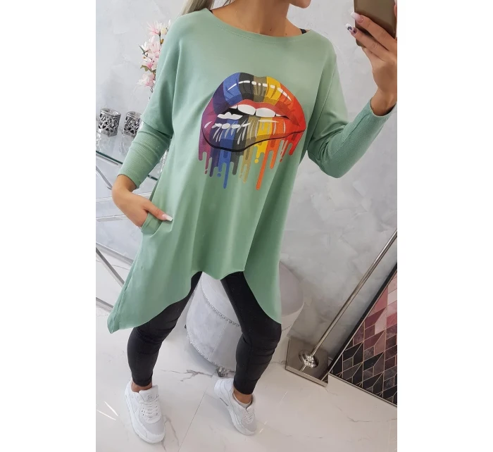 Oversize halenka s potiskem model 18745336 rtů tmavě mátová - K-Fashion Oversize halenka s potiskem model 18745336 rtů tmavě mátová - K-Fashion