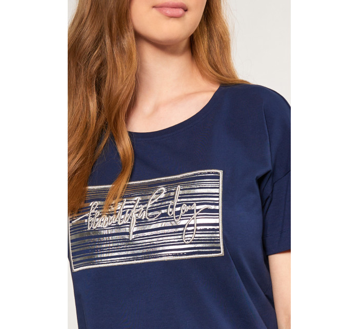 Dámske tričko s ozdobným panelom TSH0083-013 tmavo modrá - Monnari