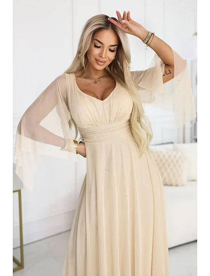 Dlhé ľahké trblietavé šaty 655-4 béžová - Numoco