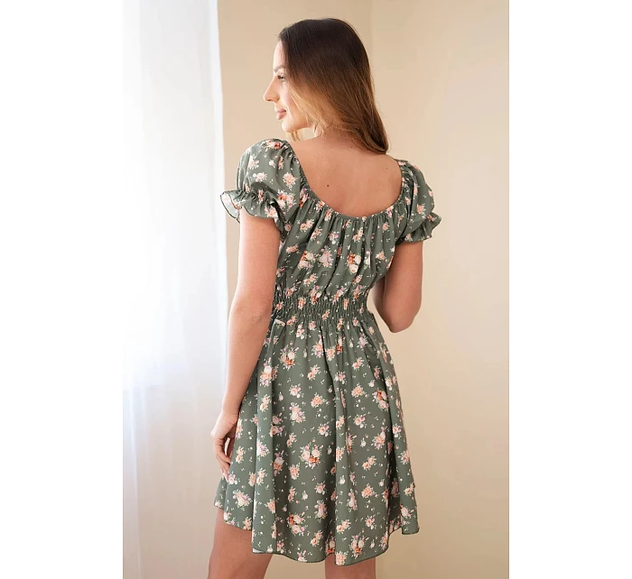 Dámske kvetinové šaty s volánovými rukávmi a elastickým pásom khaki farby Dámske kvetinové šaty s volánovými rukávmi a elastickým pásom khaki farby