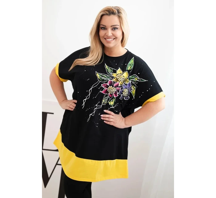Dámske Plus veľkosť tunika s kvetinovým vzorom a dekoratívne korálky žltá