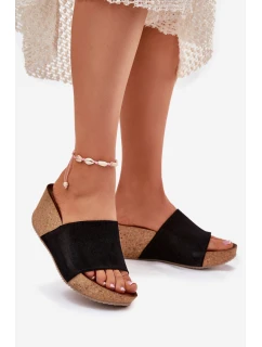 Zazoo 40311 Zamszowe Klapki Damskie Na Korkowym Koturnie Czarne