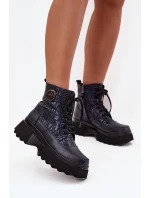 Kožené dámské boty na platformě s nápisy a ozdobným detailem model 21712061 tmavě modré - Artiker