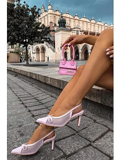 Ružové sieťované sandále na podpätku s mašľou Moona
