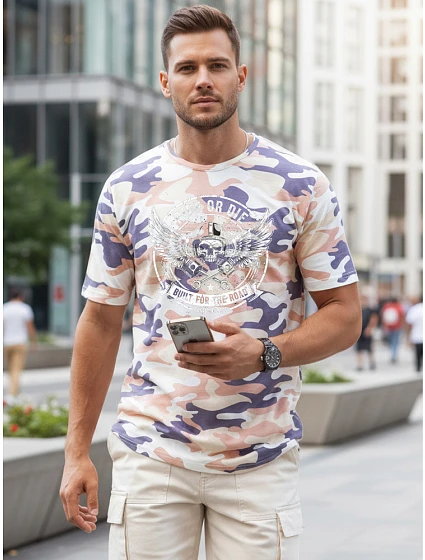 Tshirt męski moro z nadrukiem beżowy model 22217634 - FashionStreet