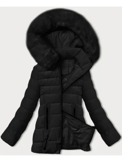 Čierna prechodná prešívaná bunda s kožušinou na kapucni S'west (B8301-1)