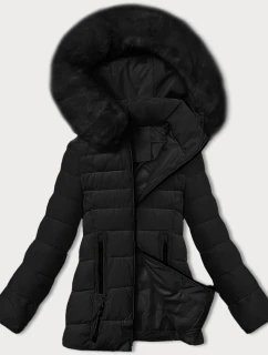 Černá prošívaná bunda pro přechodné období s kožešinou u kapuce model 21787485 - S'WEST