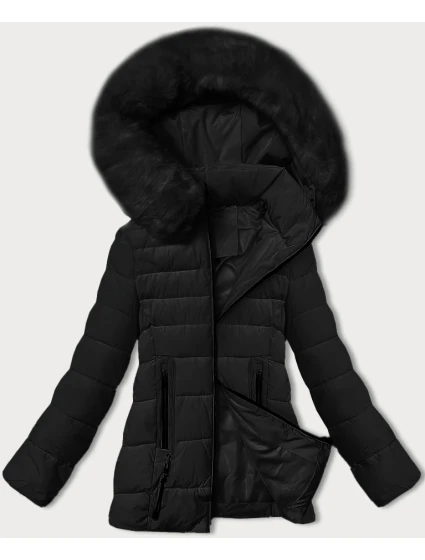 Čierna prechodná prešívaná bunda s kožušinou na kapucni S'west (B8301-1)