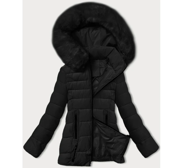 Čierna prechodná prešívaná bunda s kožušinou na kapucni S'west (B8301-1)