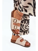 Damskie Klapki Na Korkowej Platformie Z Klamrami Beżowe Vesina