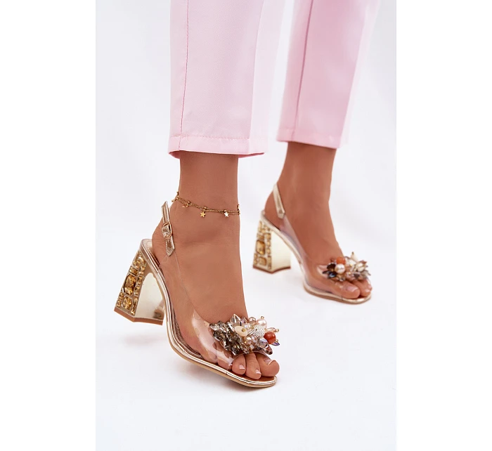 Průhledné sandály na podpatku s krystaly Vinceza 70121 zlaté