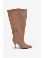 Nafukovací dámské kozačky na podpatku z eko semiše béžové model 21715329 - Boto