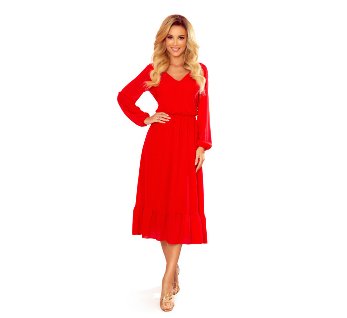 Červené dámske šifónové midi šaty s volánikom a dekoltom 304-3
