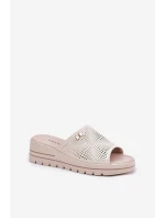 Skórzane Klapki Damskie Na Koturnie Vinceza 41477 Beżowe