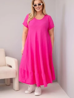 Dámske plus size šaty s krátkymi rukávmi a volánom z ľahkej viskózy vo fuchsiovej farbe