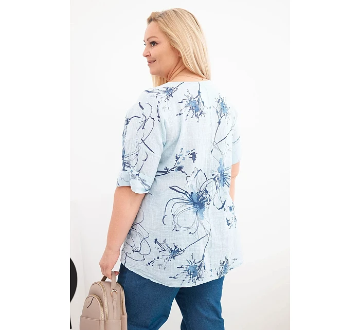 Dámske bavlnené Plus veľkosť blúzka s krátkymi rukávmi a vreckom modrá