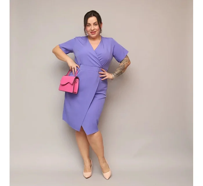 Fialové dámske skladané obálkové šaty po kolená (743)