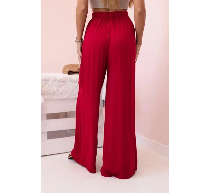 Dámske široké viskózové nohavice s elastickým pásom bordovej farby