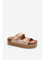 Damskie Klapki Na Platformie Z Klamrami Beżowe Lolpey