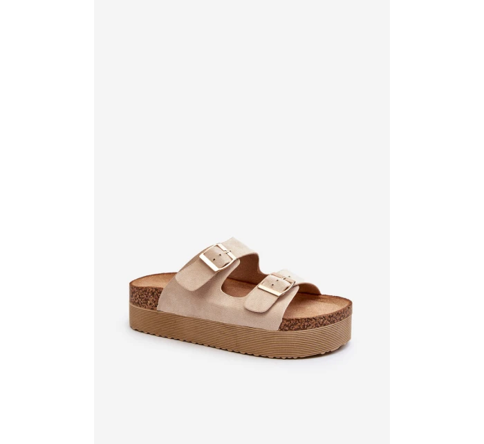 Damskie Klapki Na Platformie Z Klamrami Beżowe Lolpey