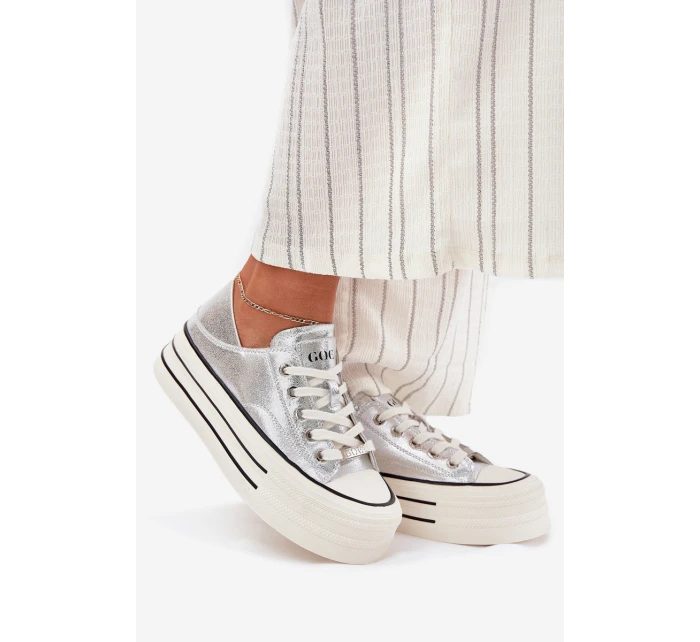 Dámské Kožené Tenisky Na Platformě model 21691401 Stříbrné - Goe