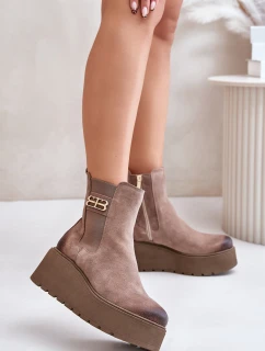 Zazoo 60498 Damskie Zamszowe Botki Sztyblety Na Platformie I Koturnie Beżowe