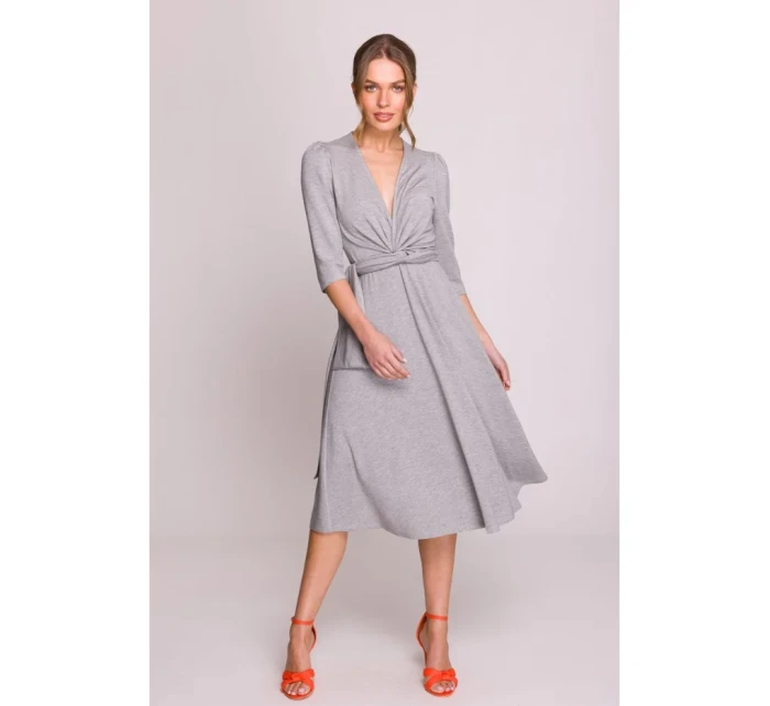 S404 Pletené šaty s opaskom na zaväzovanie - sivé