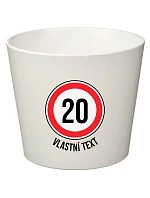 Biely keramický kvetináč – dopravná značka s motívom narodenín – malý Biely keramický kvetináč – dopravná značka s motívom narodenín – malý