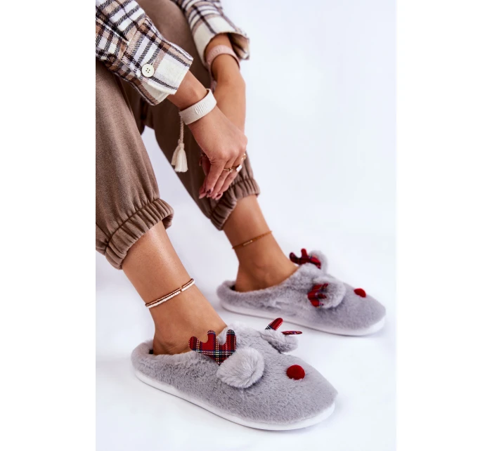 Damskie Świąteczne Futrzane Papcie Z Reniferem Szare Clarie