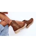 Zazoo 3470 Zamszowe Botki Damskie Na Płaskim Obcasie Ażurowe Brązowe