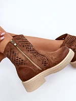 Zazoo 3470 Zamszowe Botki Damskie Na Płaskim Obcasie Ażurowe Brązowe